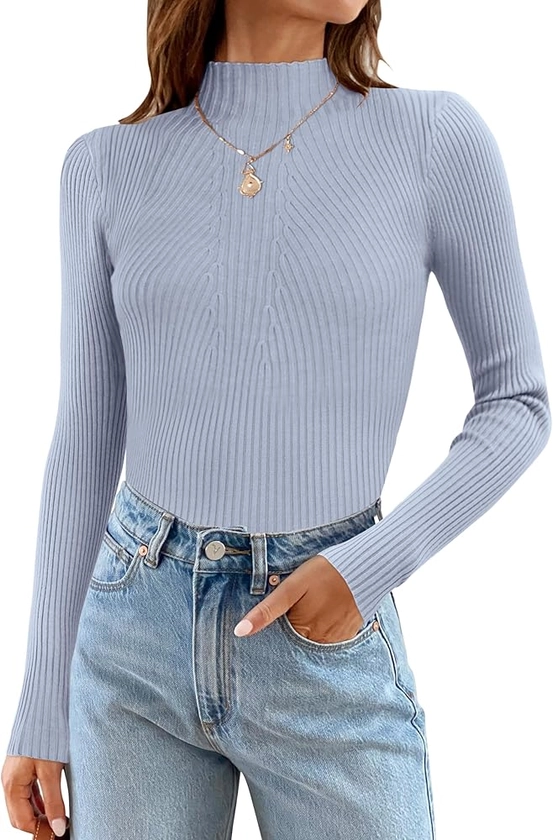 ZESICA Women's 2024 Fall Long Sleeve Turtleneck T Shirt Ribbed Knit Sweater Slim Fit Basic Casual Tee Tops