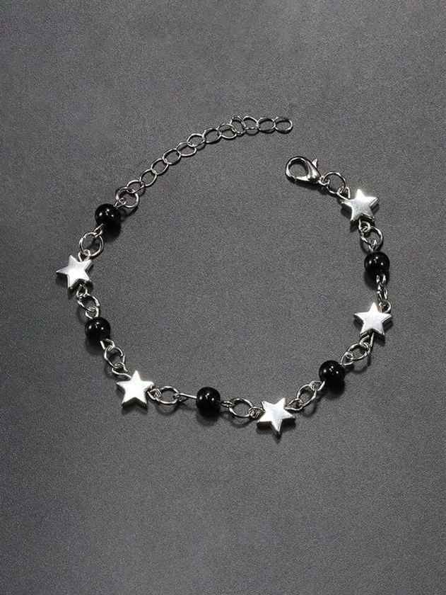 1 Pieza Brazalete Para Mujeres De Estilo Punk Con Detalle De Estrella De Cinco Puntas De Perlas Negras Falsas