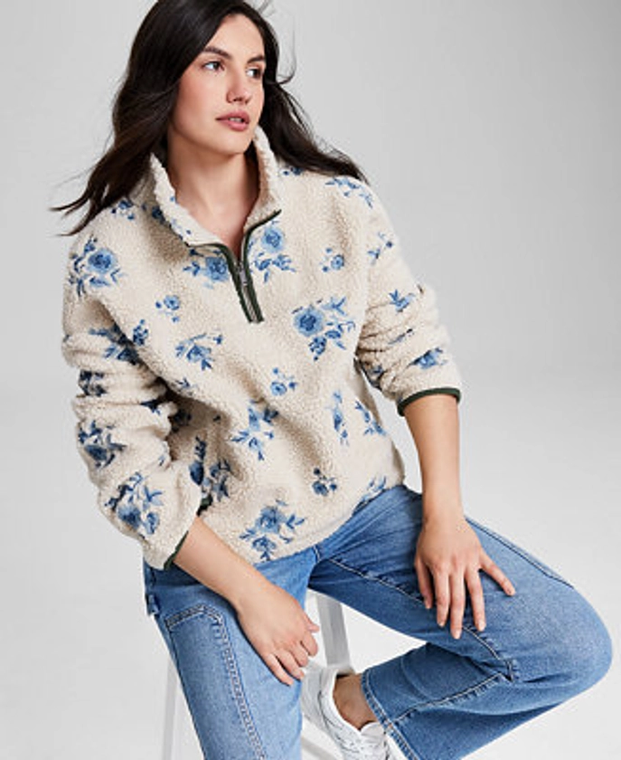 And Now This Women's Embroidered Floral Fleece Long-Sleeve 1/4 Zip Jacket, Created for Macy's - Macy's 