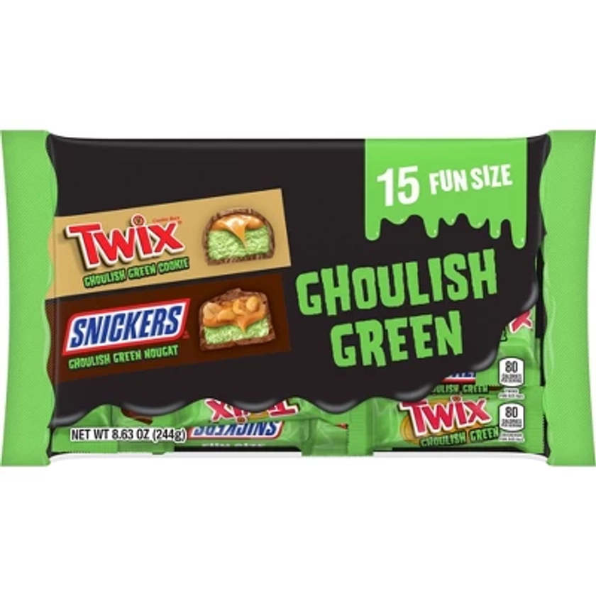 Twix and Snickers Halloween Candy Fun Size Ghoulish Green Chocolate Variety Bag Mix - 8.63oz/15ct