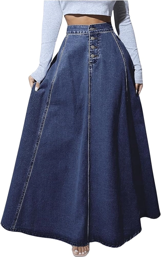 SweatyRocks Women's Casual High Rise Button Fly Jean Skirt Loose Fit A Line Maxi Denim Skirts