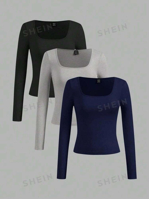 SHEIN EZwear 3 stuks/set korte mouwen cropped casual getailleerde T-shirts voor vrouwen, geschikt voor de zomer en herfst/winter seizoenen