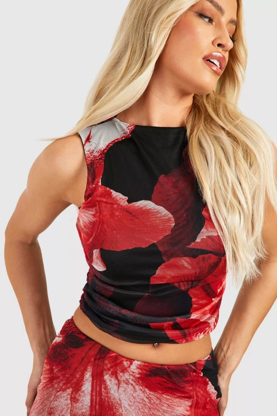 Floral Mesh Ruched Front Top