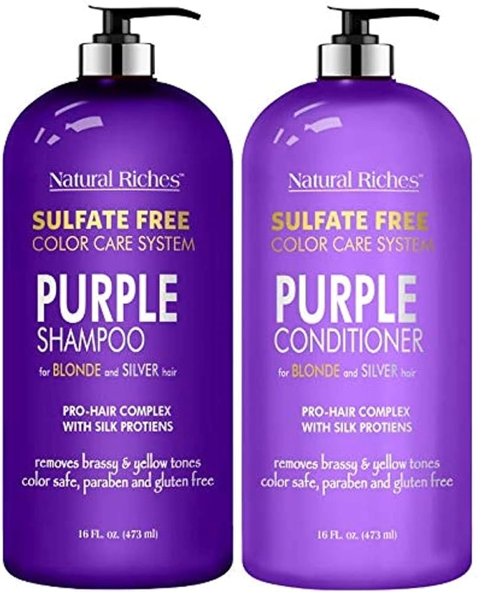 Natural Riches Purple Shampoo and Conditioner Set Sulfate Free Salon Grade for Silver Blonde Platinum Hair. Removes Yellow & Brass tones. Grey Highlighted Hair 16x2 fl oz