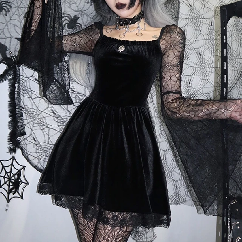 2023 New Black Goth Lace Pattern Velvet Women Dress Sexy Elegant Party Club Dresses Robe Vintage Square Collar Long Sleeve Dress - AliExpress 