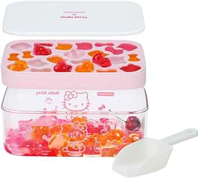 CHEFMADE Hello Kitty Ice Cube Tray with Lid container & scoop, Easy-Release Silicone & Flexible 24pcs cute kitty Ice Cubes for Chingling Cocktail and Milk Tea (Pink)
