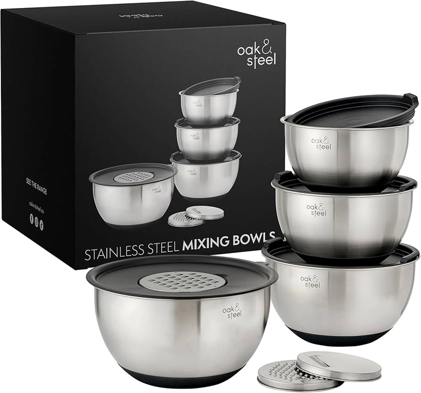 OS Oak & Steel ENGLAND Juego de 4 Cuencos para Mezclar de Acero Inoxidable con Base Antideslizante, Ensaladera (4,5 l, 3,5 l, 2,5 l, 1,5 l), 4 Tapas Herméticas y 3 Ralladores Ajustables