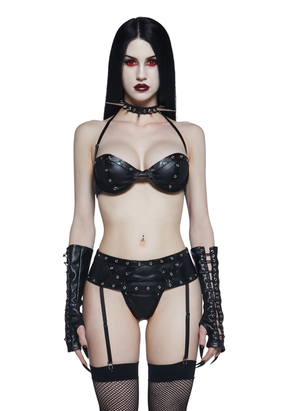 Widow Vegan Leather Bra Top Thong And Garter Belt Set - Black