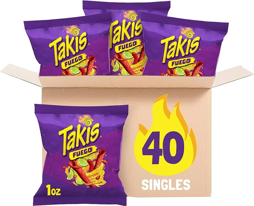 Takis Fuego 40 pc / 1 oz Multipack, Hot Chili Pepper & Lime Flavored Extreme Spicy Rolled Tortilla Chips