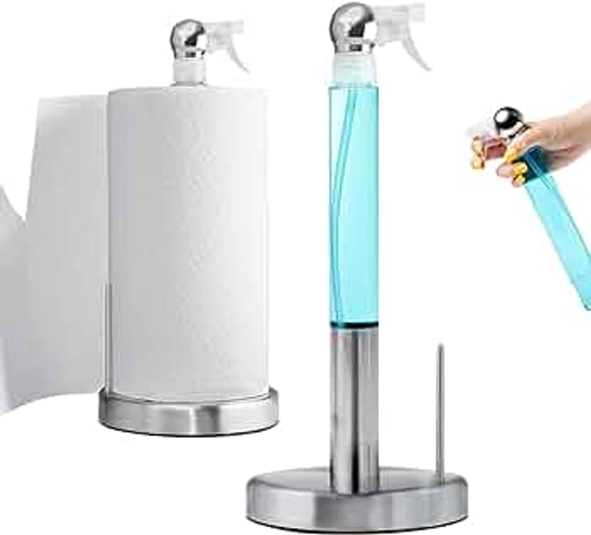 Everyday Solution Paper Towel Holder with 7oz Spray Bottle - Aesthetic Kitchen Countertop Sprayer with Paper Towel Holder and Hidden Spray Bottle - Nozzle Snap-Lock Spray - Rust-Resistant Steel Base
