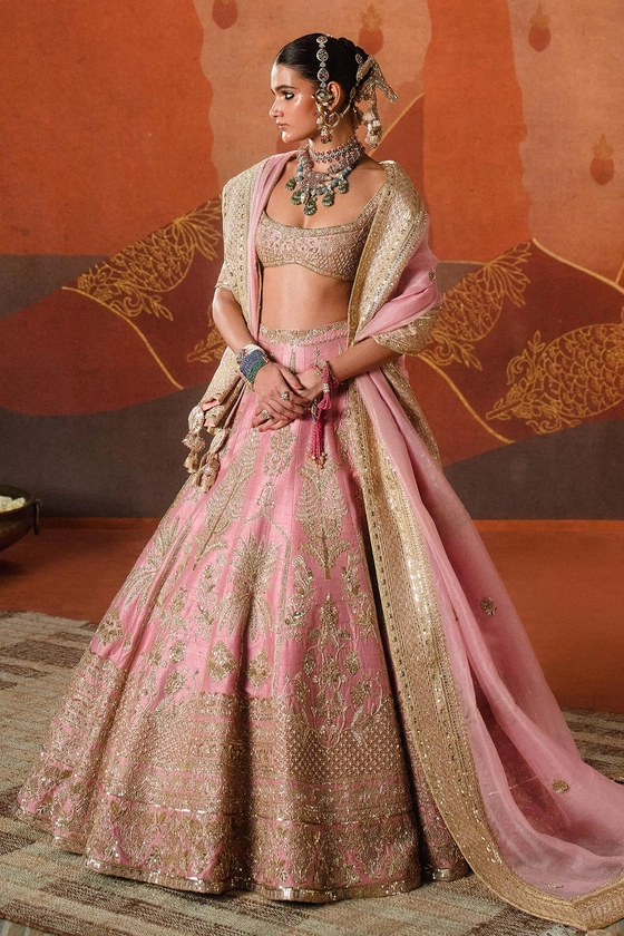 Buy Pink Lehenga Heavy Raw Silk Embroidered Zardozi The Gulab Barfi Bridal Set For Women by Masaba Online at Aza Fashions.