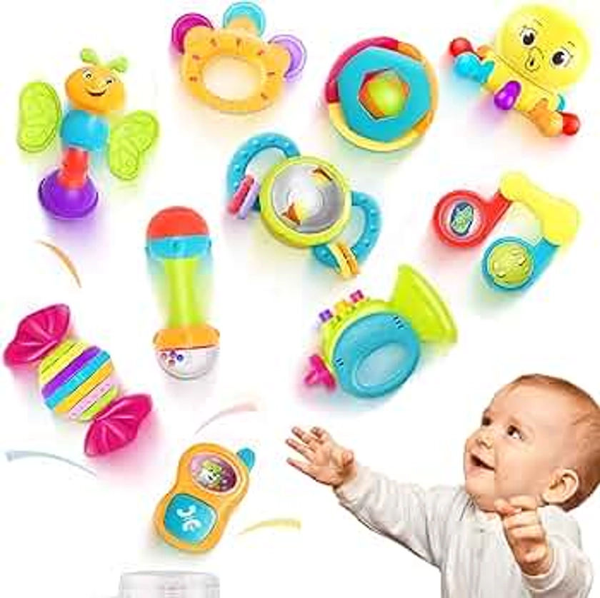 iPlay, iLearn 10pcs Baby Rattles Toys Set, Infant Grab Shake Rattle, Sensory Teether, Babies Development Learning Music Toy, Newborn First Birthday Gift 0 1 2 3 4 5 6 7 8 9 10 12 Month Boy Girl