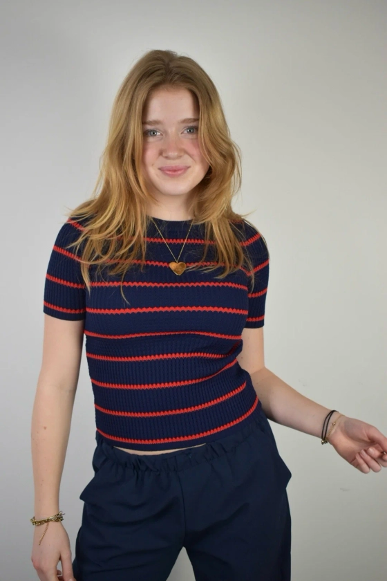 Comfy striped top - navy/rood - Fashiontiger.nl