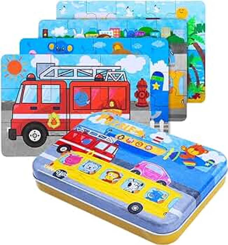 JMANNI Puzzles 4 en 1 pour enfants de 3, 4, 5, 6 ans, volaille avec boîte en fer pour le rangement, jouets de volaille, cadeaux pour garçons, filles, enfants et enfants (puzzles Car2)