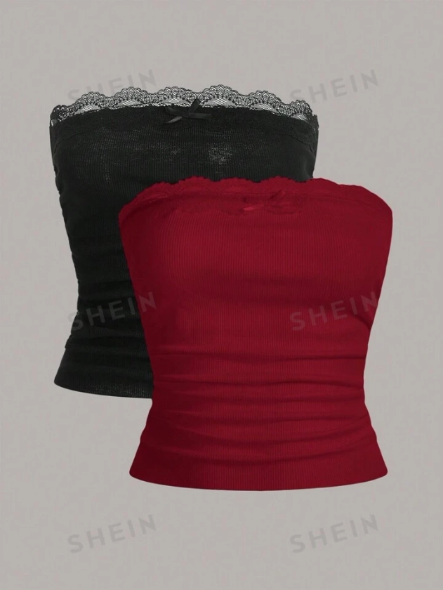 SHEIN EZwear Women's 2pcs Lace Trim Knitted Strapless Crop Top | SHEIN USA