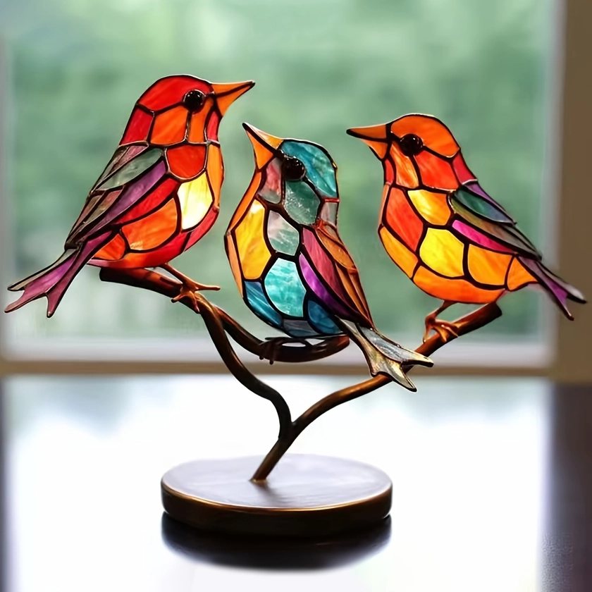 2D Stained Birds-On-Branch Household Metal Table Decor Home Ornaments