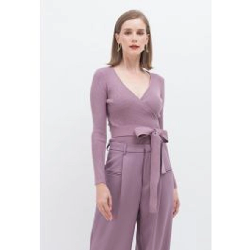 V-Neck Tie-Waist Wrap Knit Top in Lilac