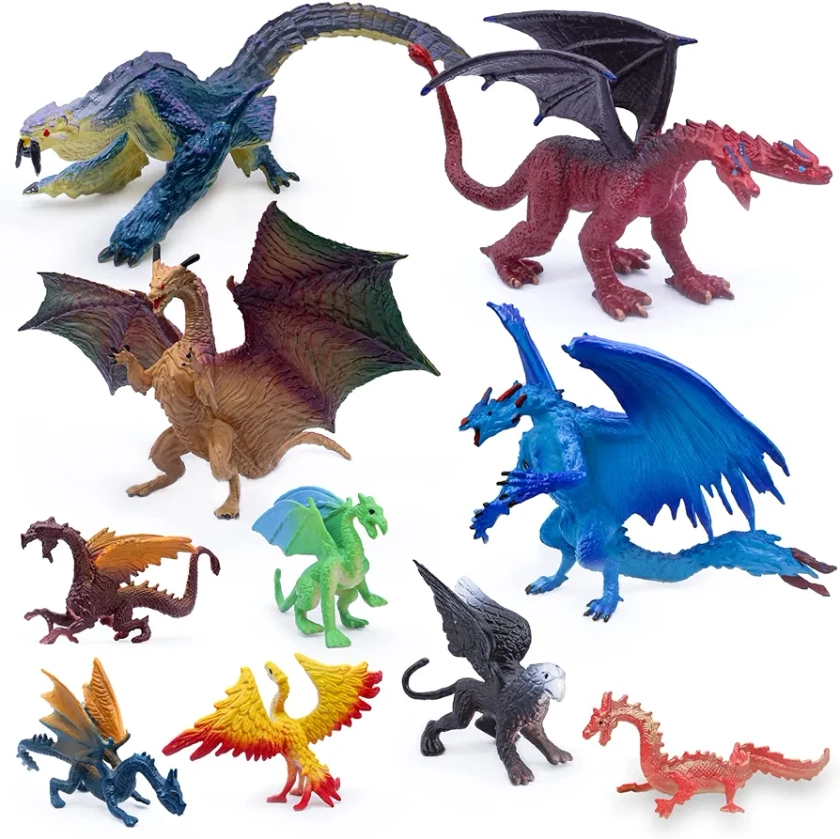 SIENON 5" & 3" Dragon Toy Figures - 10 Pack Assorted Mythical Figurines for Cake Toppers & Party Favors