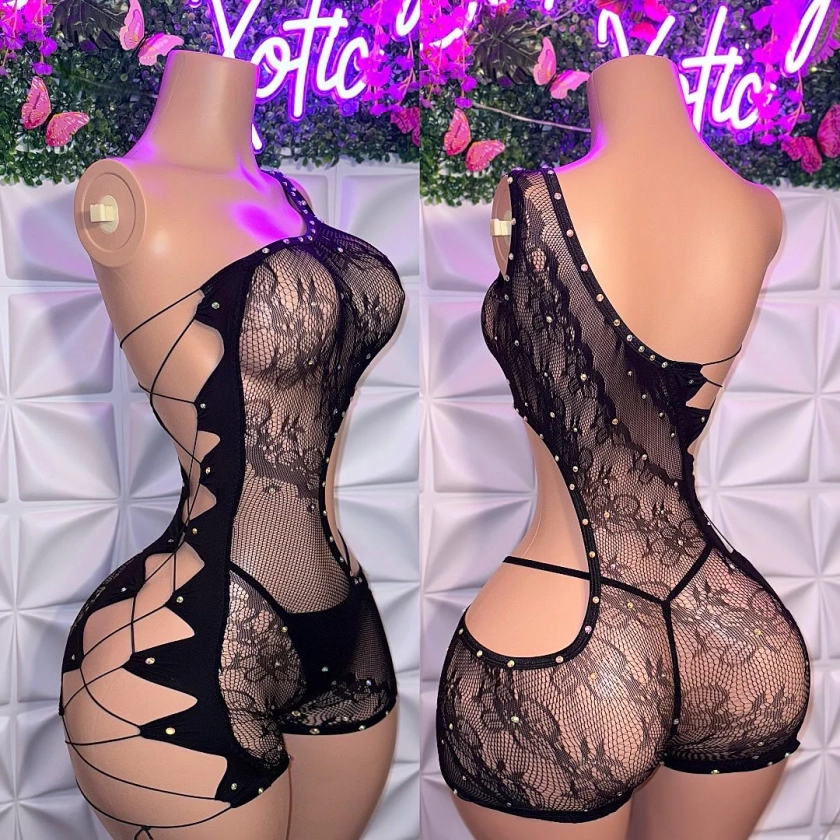 XTC — Lace Hollow Out Romper with Corset Style Side & Thong with Rhine