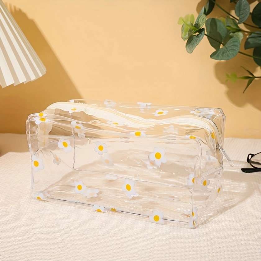 Cute Simple Flower And Heart Printed Transparent Toiletry Bag With Zipper, PVC Makeup Bag, Suitable For Travel And Daily Use