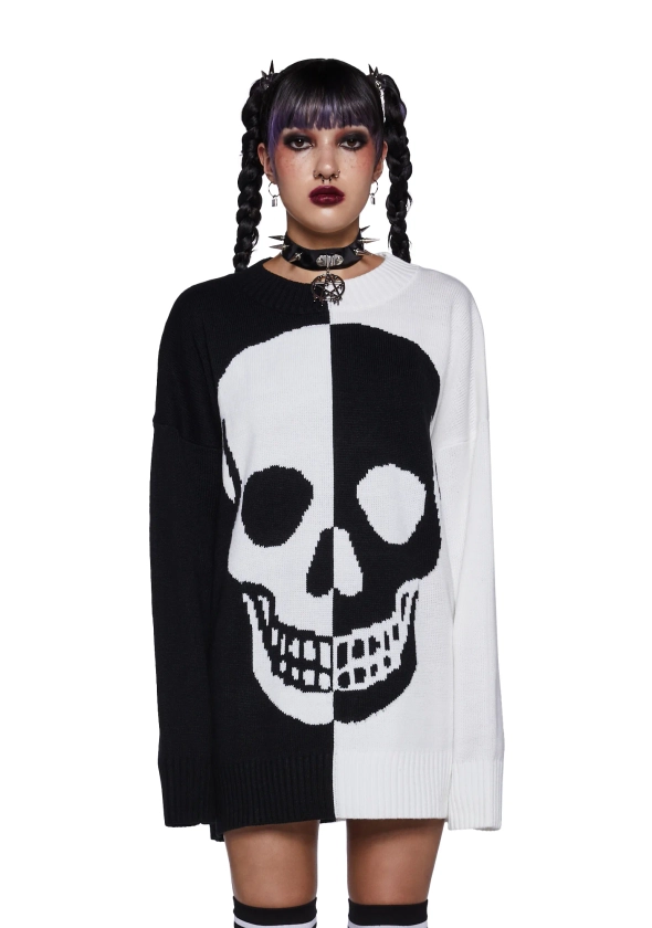 Trickz N Treatz Skull Oversized Knit Sweater - Black/White