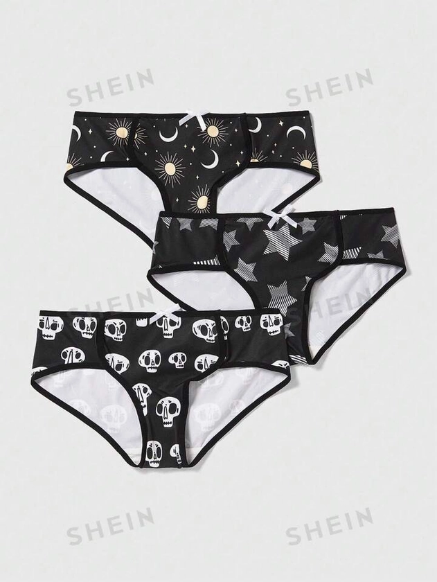 ROMWE Goth Conjunto De 3 Braguitas De Mujer Con Encaje Y Adornos De Calavera, Día Y Noche, Estrellas Y Lazos