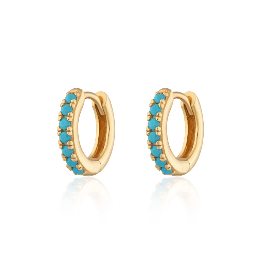 Huggie Earrings With Turquoise Stones | Small Hoop Earrings