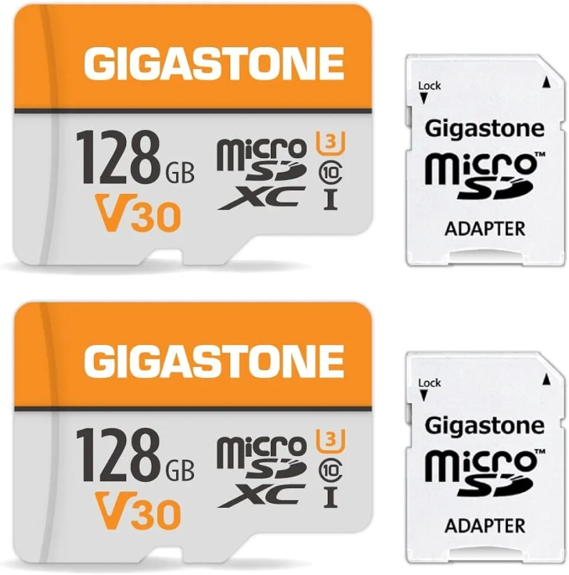 Gigastone Lot de 2 Cartes Mémoire 128 Go Micro SDXC, Compatible avec Gopro Caméra Drone Tablette Samsung Sony, Haute Vitesse pour 4K UHD Vidéo, A1 U3 C10 avec Mini étui et Adaptateur SD.