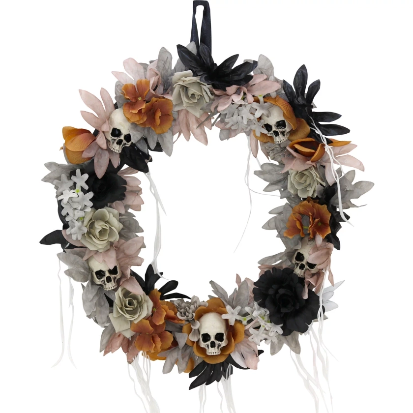 Haunted Hill Farm 1.83-ft. Halloween Autumn Wreath with Skulls, Multicolor