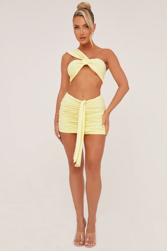 Yellow One Shoulder Cropped Top & Ruched Mini skirt Co-ord Set - Dahlia