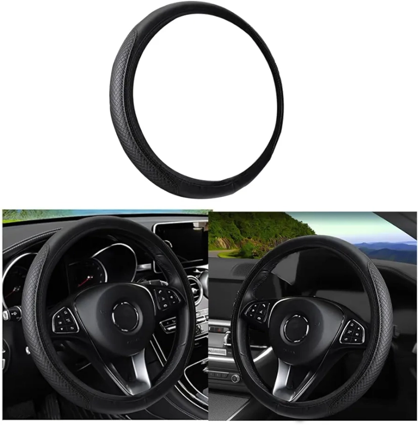 Leather Car Steering Wheel Cover for Men Women, Elastic, Breathable Anti-Slip, Universal 15 inch, (Black1)