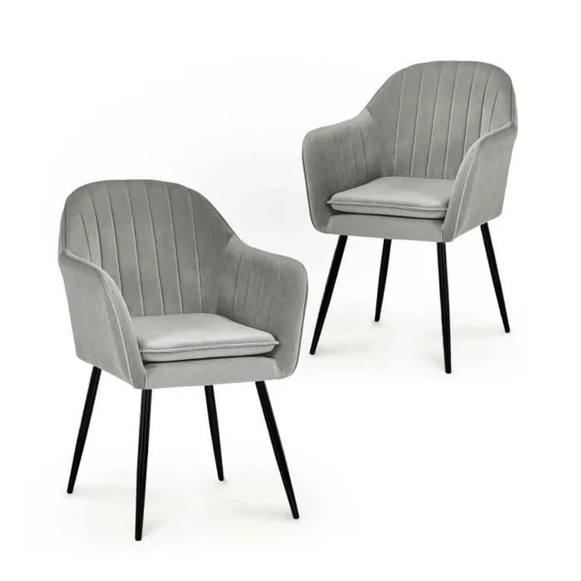 REGINA - Lot de 2 chaises avec accoudoirs en velours gris pieds noirs