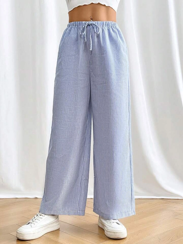 SHEIN PETITE Pantalon long à taille élastique à cordon de serrage à rayures et imprimé avec poches