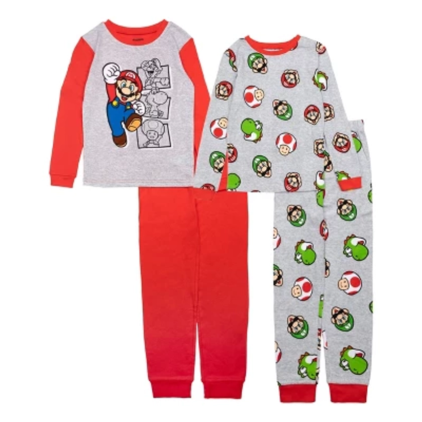 Super Mario Little/Big Boys' 4-Piece Cotton Pajama Set, Red/Grey, 6