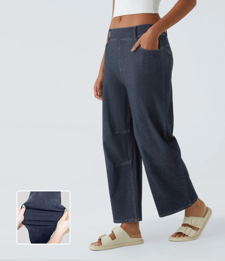 Women’s HalaraMagic™ Mid Rise Multiple Pockets Stretchy Knit Work Tapered Jeans - Halara 