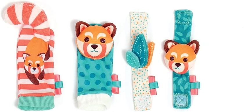 LUDI - Hochets Pieds Et Mains - Jouets D'Éveil Bébé - Dès La Naissance - Développe La Motricité Fine & La Dextérité - 2 Chaussettes + 2 Bracelets Réglables Avec Tête D'Animaux Colorés