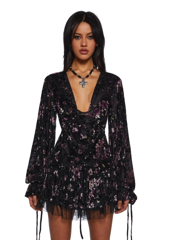 Current Mood Floral Flocked Velvet Mini Long Sleeves Dress - Multi