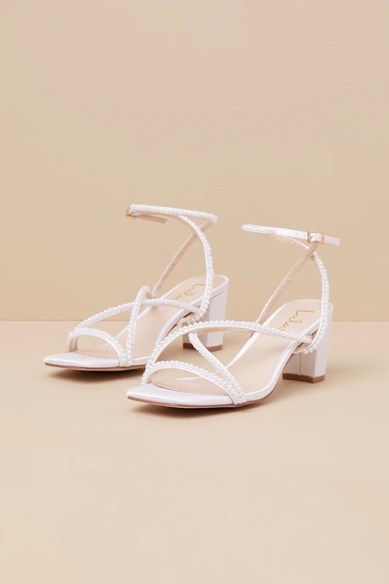 Makenna White Pearl Satin Strappy Ankle Strap Low Heel Sandals