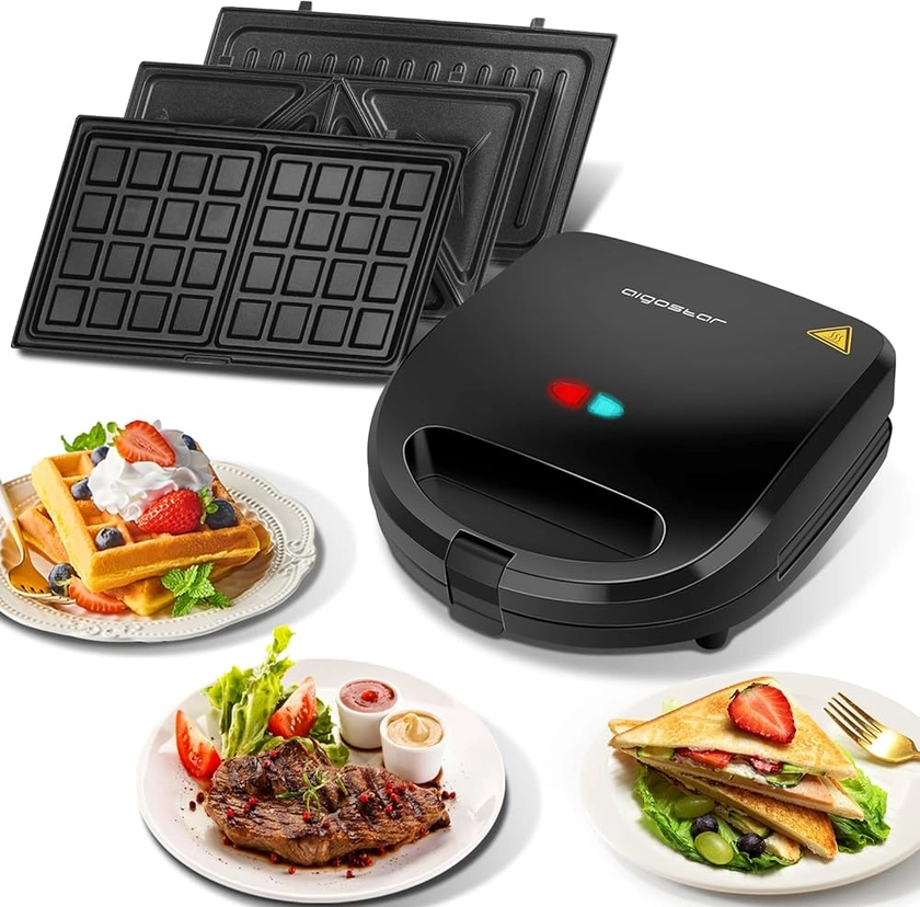 Aigostar gaufrier 3 en 1 : Presse à Paninis et appareil à sandwichs avec 3 Plaques Antiadhésives et Interchangeables, Thermostat Automatique, Grande puissance de 750W