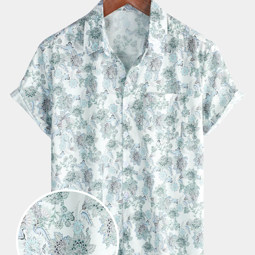 Men's Short Sleeve White Summer Paisley Floral Pocket Button Up Cotton