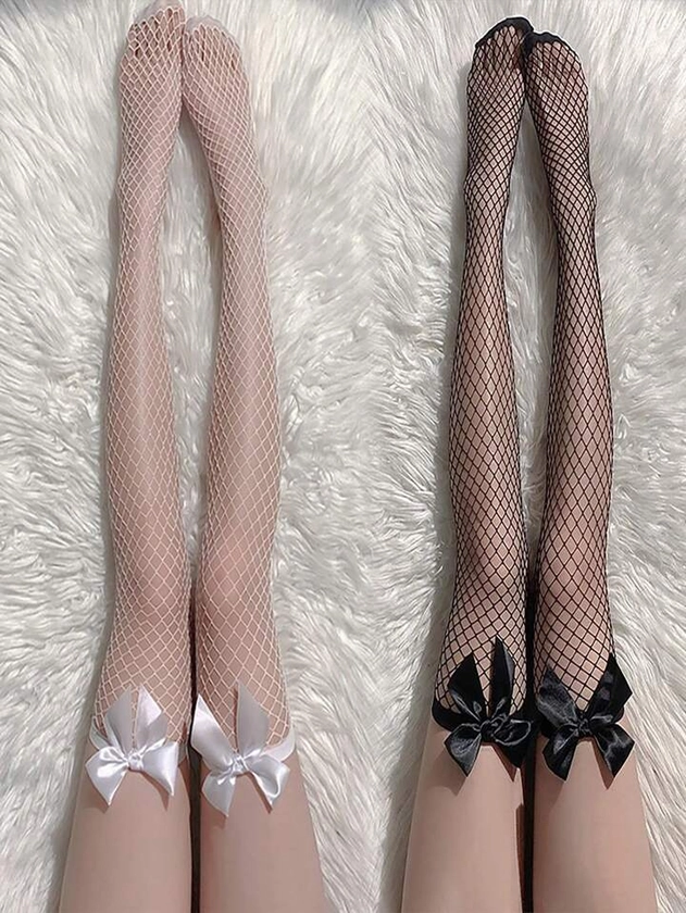 2 Pares De Calcetines Largos Y Sexys De Color Negro Y Blanco Para Mujeres Y Chicas Dulces, Con Lazo Estilo , Medias De Malla De Red Hasta El Muslo Con Encaje, Estampado Gótico Punk Y Leggings De Malla