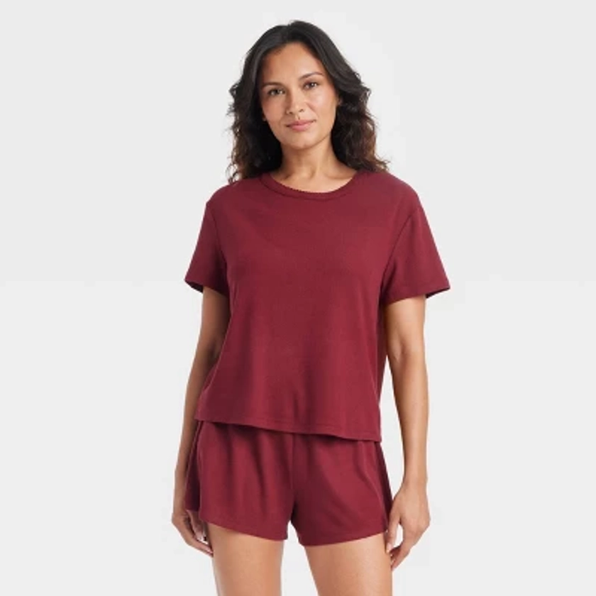 Women's Pointelle Short Sleeve Top and Shorts Pajama Set - Auden™ Red XL