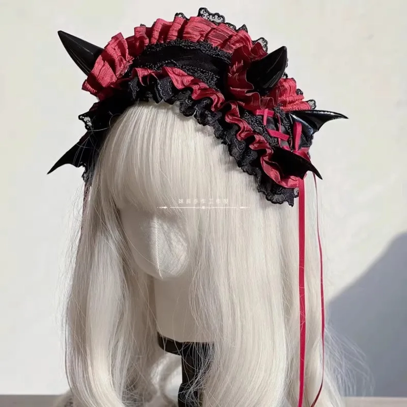 Diadema de alas de Diablo de Lolita gótica oscura, decoración de cabello de niña de encaje multicapa, cuernos de Diablo, Halloween - AliExpress