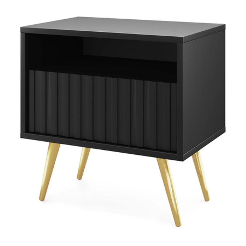 Table de chevet Bello avec un tiroir à façade lamellaire, noire avec pieds dorés - Selsey