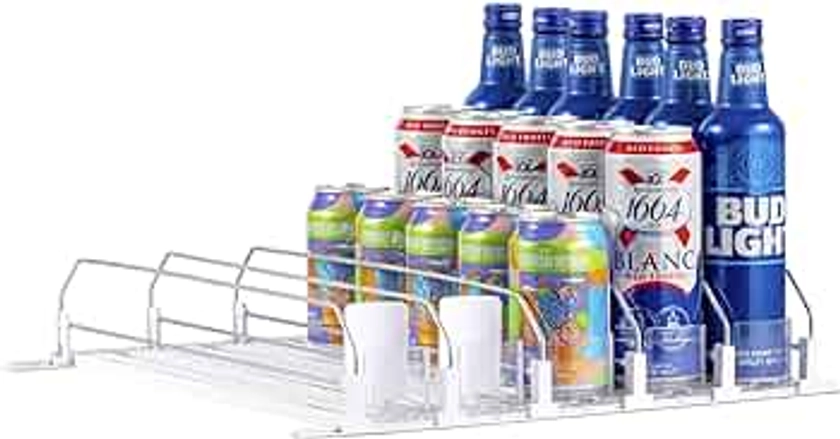 Rula Dispensador de bebidas para nevera, organizador de latas de soda autoempujable para refrigerador, ancho ajustable, almacenamiento de botellas de agua para despensa, cocina, blanco, 5 filas, 15
