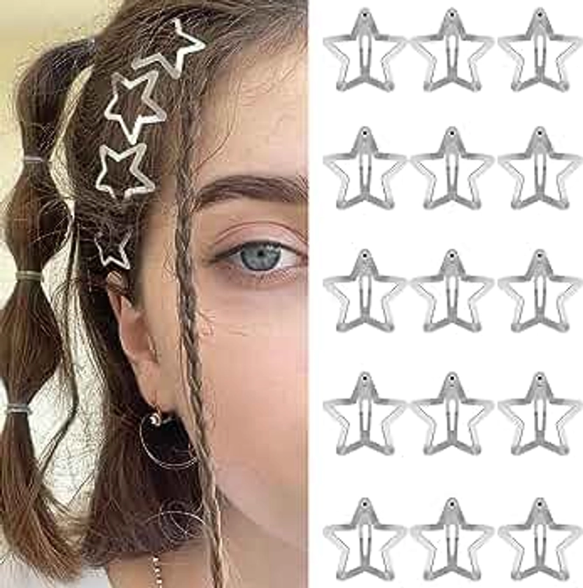 Star Hair Clips 2000s Y2K Snap Hair Barrettes Non Slip Star Hair Accessories Silver Metal Hair Clips for Girls Women -15 PCS 1.18"