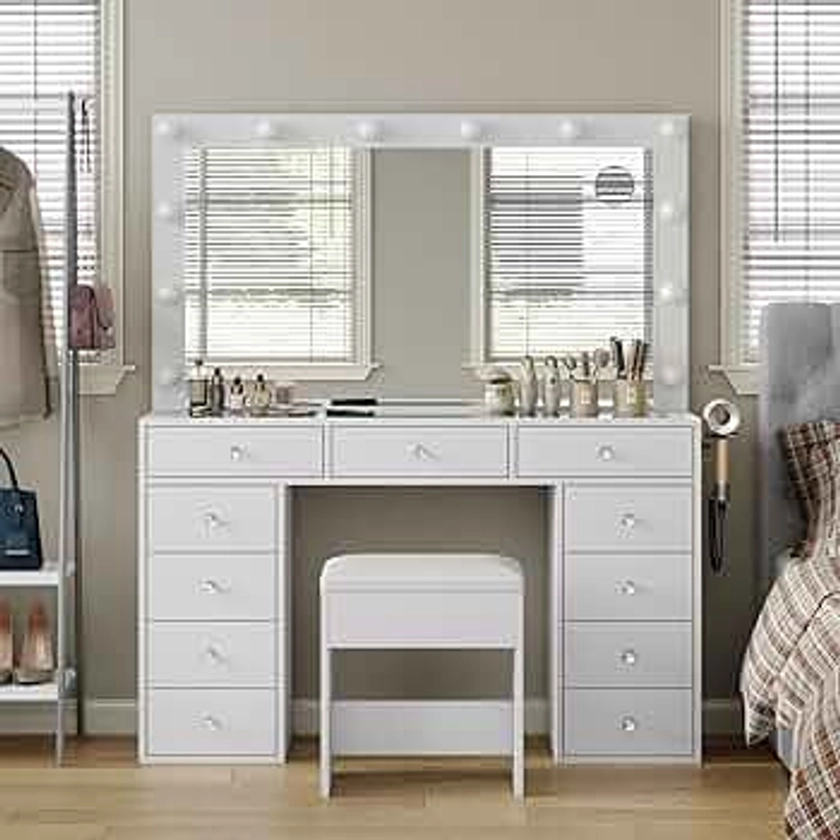 Vanity Desk with Power Outlet, Makeup Vanity with Mirror and 12 LED Lights, 3 Lighting Modes, 11 Drawers Vanity Table with Chair, Glass Top, Dressing Table for Bedroom,Dressing Room