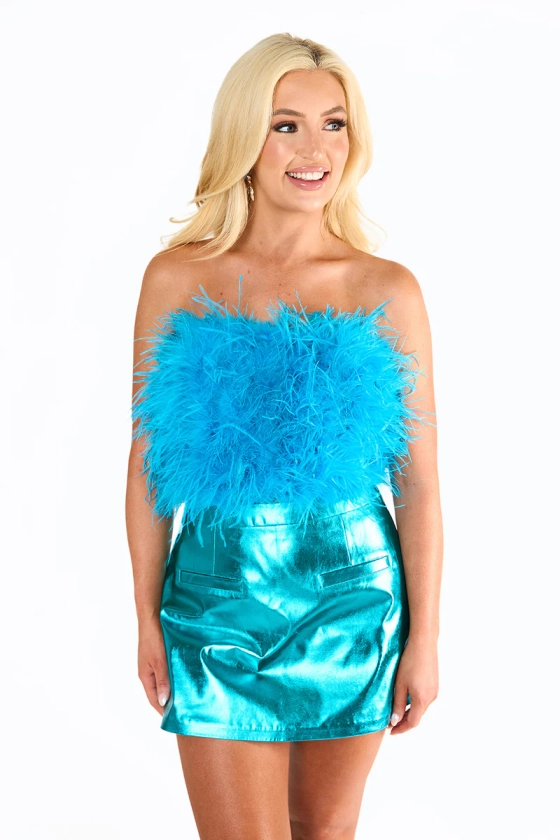 BuddyLove | Fancy Strapless Feather Crop Top | Turquoise