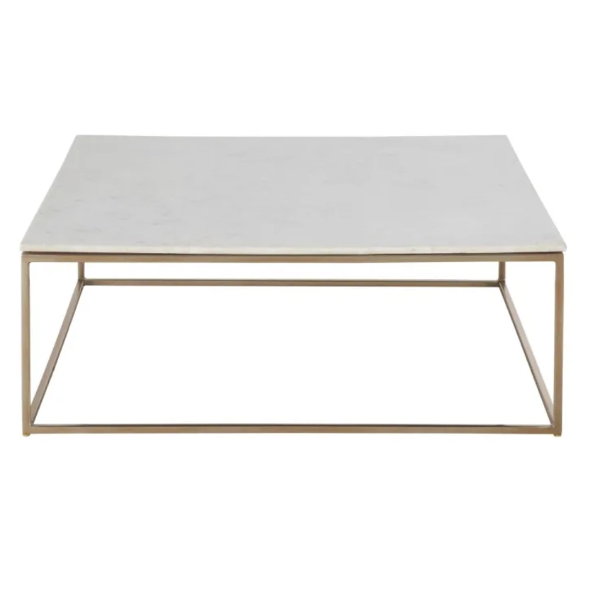 Table basse carrée en marbre blanc et métal coloris laiton