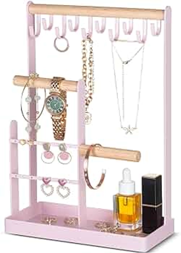 Jewelry Organizer Jewelry Stand Jewelry Holder Organizer Mothers Day Gift, 4-Tier Necklace Organizer with Ring Tray, Small Cute Aesthetic Jewelry Tower Storage Rack Tree -Pink